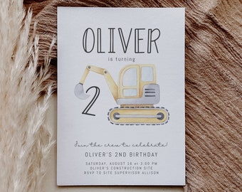 Invitación de cumpleaños para fiesta de construcción - Excavadora - Invitación de cumpleaños de construcción minimalista moderna en acuarela, plantilla editable de Corjl