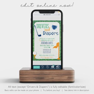 Puede incluir: Una invitaci&oacute;n digital en la pantalla de un tel&eacute;fono inteligente para un baby shower con tem&aacute;tica de golf. La invitaci&oacute;n es verde y azul con el texto "Drivers and Diapers" y el nombre "Jordan Davis".