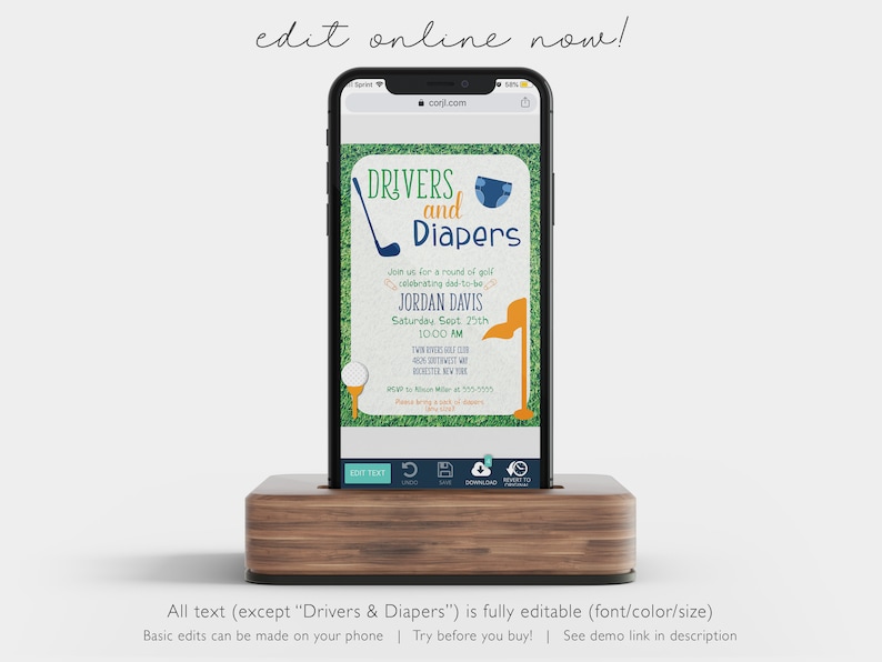 Puede incluir: Una invitaci&oacute;n digital en la pantalla de un tel&eacute;fono inteligente para un baby shower con tem&aacute;tica de golf. La invitaci&oacute;n es verde y azul con el texto "Drivers and Diapers" y el nombre "Jordan Davis".