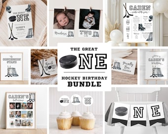 Hockey First Birthday Bundle, The Great One Party Decorations, Editable Invitation, Signs, Banners & Milestone Poster