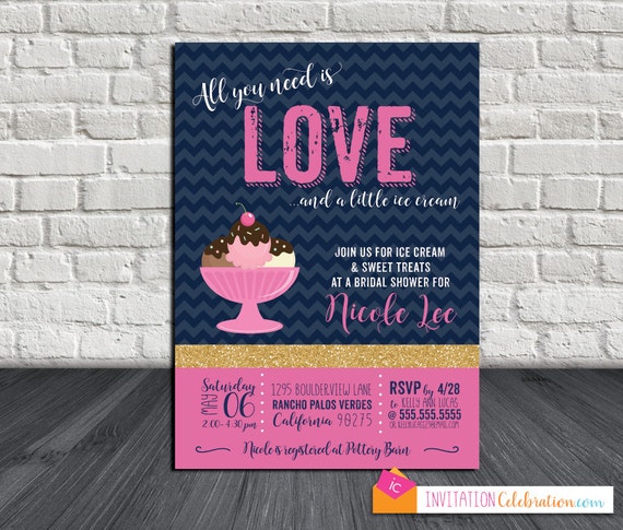 Ice Cream Bridal Shower Invitation - All You Need is Love - Navy Pink Gold Glitter - Chevron - Choose Digital or Printed w/Envelopes Il_570xn