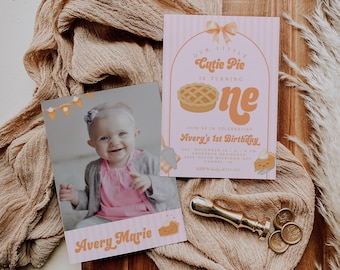 Invitación de primer cumpleaños para niña "Cutie Pie" / Plantilla editable Coquette Bow / Invitación de primer cumpleaños con estética otoñal / Pastel de calabaza rosa y naranja