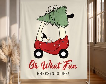 Christmas Toy Car Backdrop - Oh What Fun 1st Birthday Party Decoration - Christmas Tree Banner