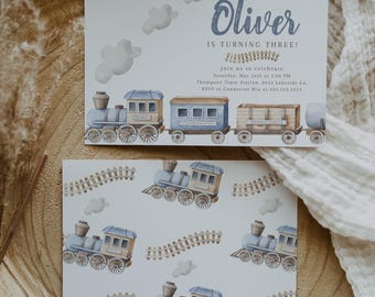 Train Invitation, Vintage Train Invite, Blue Train Party, Printable Train Birthday, Birthday Express Evite, Steam Engine, Editable Template