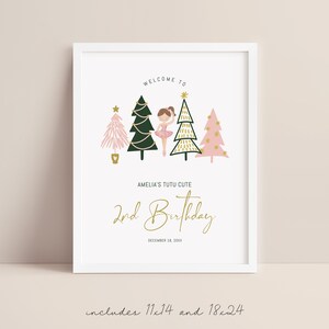 May include: A printable 2nd birthday party sign featuring a ballerina in a pink tutu and gold crown standing in front of three Christmas trees. The text reads "Welcome to Amelia's Tutu Cute 2nd Birthday December 18, 20... includes 11x14 and 18x24"