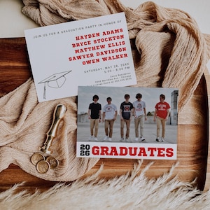 Joint Graduation Party Invitation for 3, 4 or 5 Person - Joint Grad Party Invite for Guys, Friends, Editable CANVA Template, Masculine