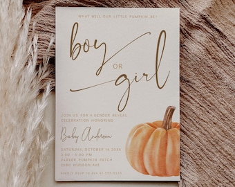 Pumpkin Gender Reveal Invitation - Our Little Pumpkin - Minimalist, Neutral - Fall Boy or Girl Invite - Autumn Baby - Digital - EDITABLE