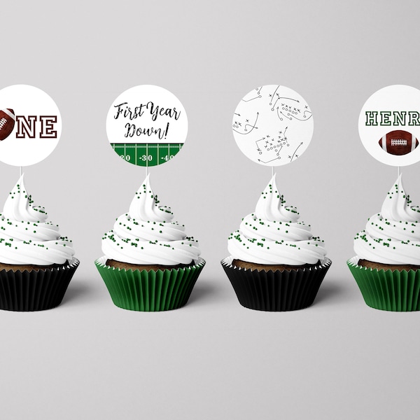 First Down Birthday Football Cupcake Topper - 1st Birthday Football - 1st Year Down Birthday Party - Circle - Sticker - Tag - EDITABLE - DIY