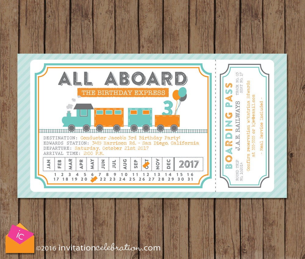 Train Ticket Invitation All Aboard Turquoise Orange Gray | Etsy