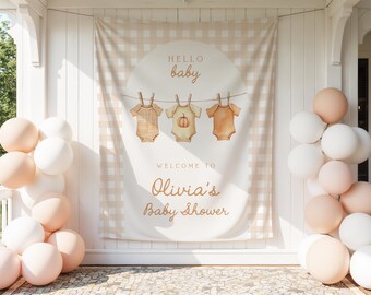 Fall Baby Shower Arch Backdrop | Neutral Pumpkin Photo Booth Decoration | Gingham Clothesline Banner | Personalized Welcome Sign