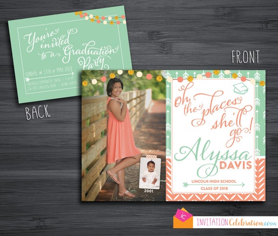 Oh the Places - Graduation Invitation - Now and Then w/ Baby Picture - Arrows - Boho - Mint - Coral - Choose DIGITAL or PRINTED w/ Envelopes Il_570xn