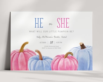 Pumpkin Gender Reveal Party Invitation, Fall, Autumn, Pink or Blue - He or She - Little Pumpkin - Girl or Boy - Digital - EDITABLE - DIY