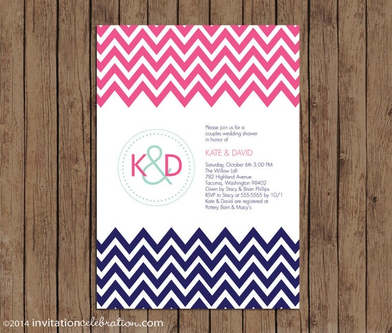 Pink Navy Mint Monogram Chevron - Rehearsal Dinner or Couples Shower Invitation - PRINTABLE - Watermelon - Navy Blue - Mint Green Il_570xn