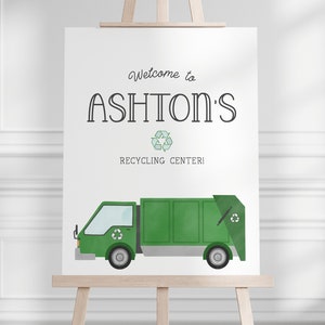 Letrero de cumpleaños con forma de camión de basura - Reciclaje - Fiesta de cumpleaños con camión de basura - Letrero de bienvenida - Letrero de entrada - Decoración de pared - EDITABLE - Hazlo tú mismo
