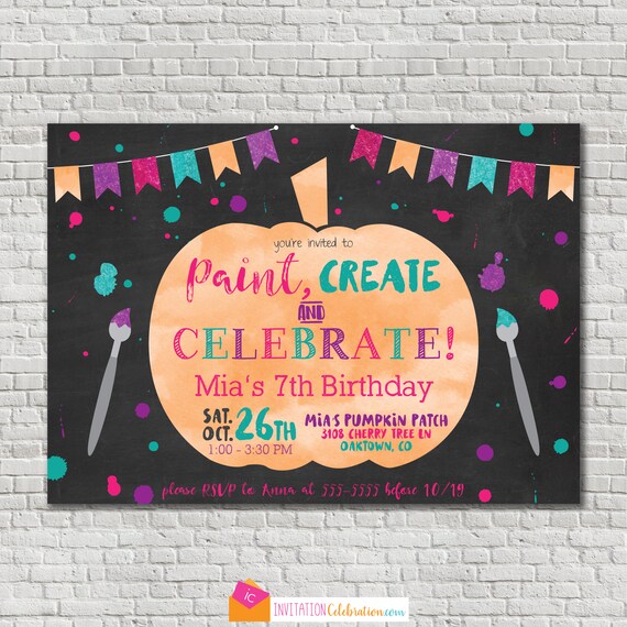 Pumpkin Painting Party - Paint Pumpkin Birthday Invitation - Paint Create Celebrate - Girl Pumpkin Party - Pumpkin Art Party - Girl Birthday Il_570xn