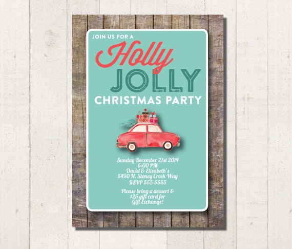 Vintage Rustic Christmas Party Invitation - PRINTABLE - Holly Jolly - Retro - Choose Digital or Printed with Envelopes Il_570xn