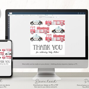 May include: Printable thank you card with a watercolor design of red fire trucks and blue police cars. The text "Thank You for celebrating Baby Miller!" is printed on the card.