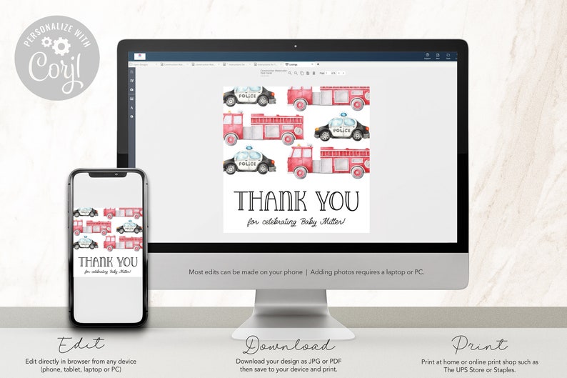 May include: Printable thank you card with a watercolor design of red fire trucks and blue police cars. The text "Thank You for celebrating Baby Miller!" is printed on the card.