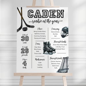 May include: A personalized hockey-themed sign on an easel. The sign features the name "CADEN" and the text "rookie of the year." It includes information about the child's height (30 inches), weight (26 pounds), and favorite things, such as books, foods, and nicknames.