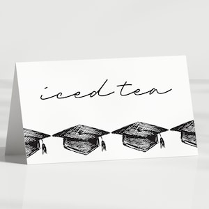 Tentkaarten afstuderen, voedseletiketten afstuderen, minimalistisch, zwart-wit, plaatskaart, buffetkaarten, gevouwen - sjabloon BEWERKBARE - DIY