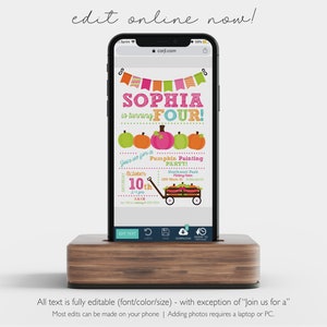May include: A digital invitation for a pumpkin painting party for a child turning four. The invitation features a colorful design with pumpkins, apples, and a wagon. The text on the invitation reads "Sophia is turning four!" and "Join us for a Pumpkin Painting Party!"