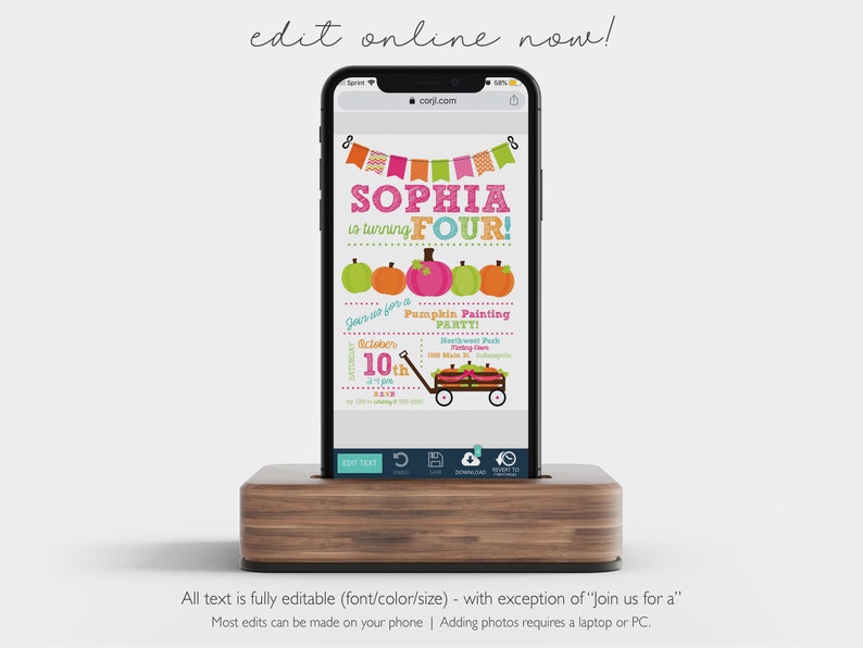 May include: A digital invitation for a pumpkin painting party for a child turning four. The invitation features a colorful design with pumpkins, apples, and a wagon. The text on the invitation reads "Sophia is turning four!" and "Join us for a Pumpkin Painting Party!"