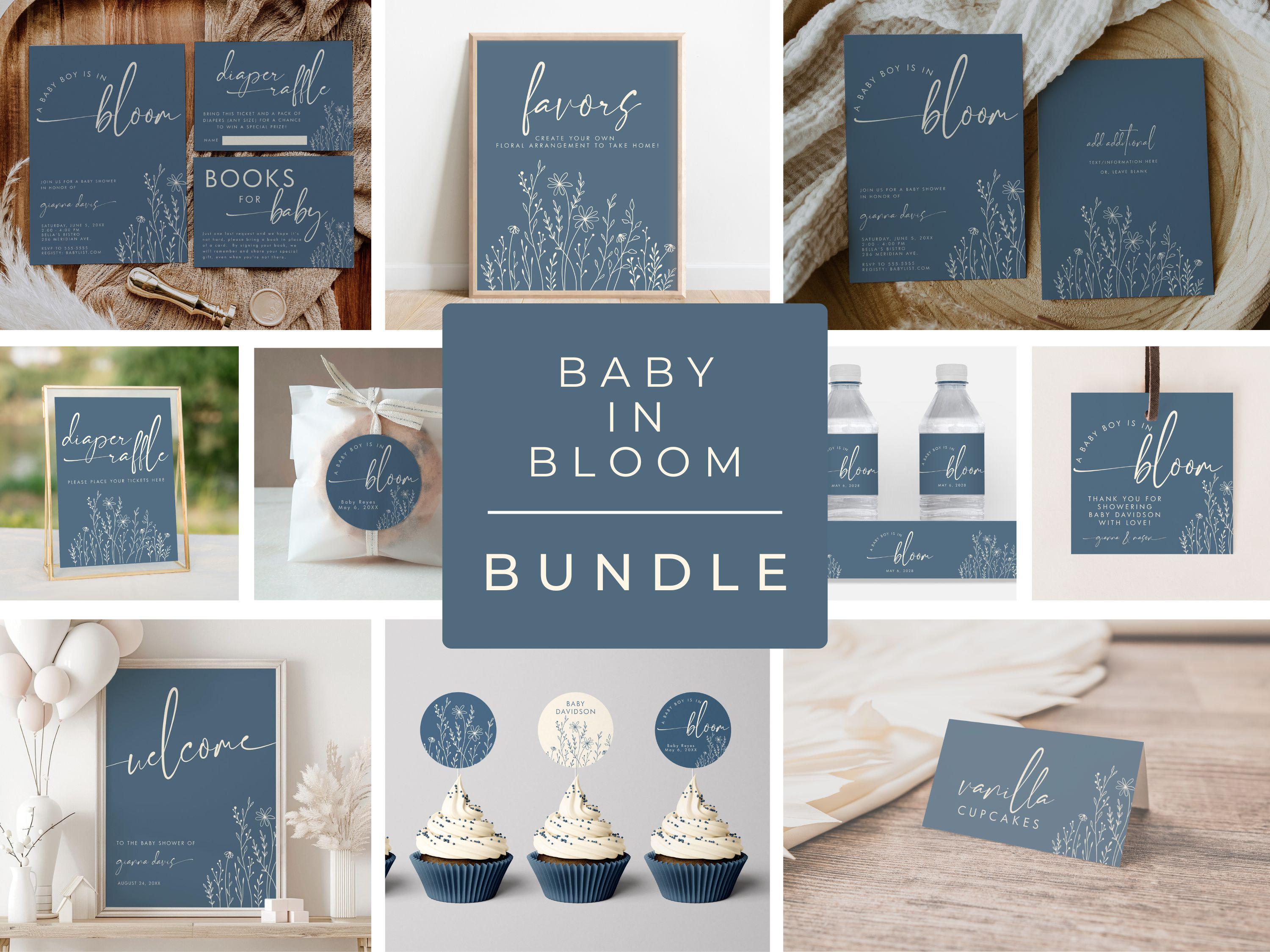 A Baby Boy is in Bloom Invitation Bundle, Topaz Blue Baby Shower Text Invite, Wildflower Baby Shower Invite and Decor, EDITABLE