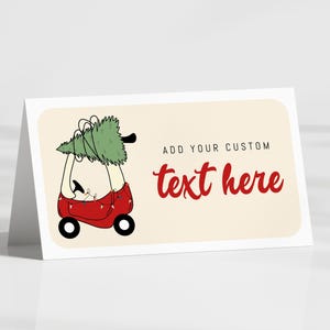 Cartões de tenda de árvore de Natal de carro de brinquedo, etiquetas de comida de carro de Natal, primeiro aniversário - cartão de lugar, cartões de bufê, dobrados - modelo EDITÁVEL