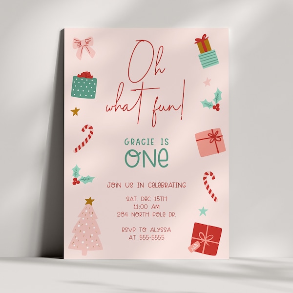 Oh was für ein Spaß - Mädchen-Weihnachtsgeburtstagseinladung - Dezember-erster Geburtstag - rosa grün, druckbare bearbeitbare Vorlage