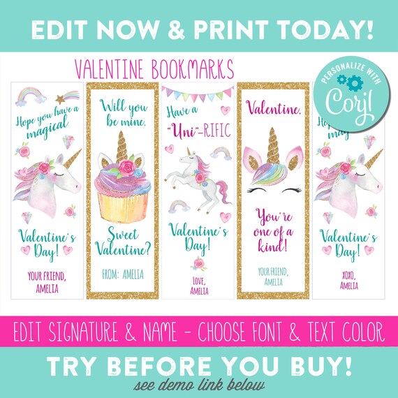 Unicorn Valentine Bookmarks - Editable - INSTANT DOWNLOAD - Kids Valentine - Girl Valentine - Edit Signature and Name, Font and Text Color Il_570xn