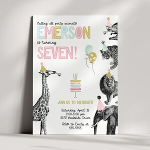May include: A birthday party invitation with a jungle animal theme. The invitation is white with black and white illustrations of a giraffe, lion, elephant, and leopard. The text on the invitation reads "Calling all party animals! Emerson is turning SEVEN! Join us to celebrate! Saturday, April 15, 3:00-5:00 pm, 3578 Parkside Drive, RSVP to Emily at 555-5555."