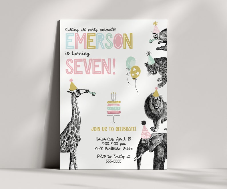 May include: A birthday party invitation with a jungle animal theme. The invitation is white with black and white illustrations of a giraffe, lion, elephant, and leopard. The text on the invitation reads "Calling all party animals! Emerson is turning SEVEN! Join us to celebrate! Saturday, April 15, 3:00-5:00 pm, 3578 Parkside Drive, RSVP to Emily at 555-5555."