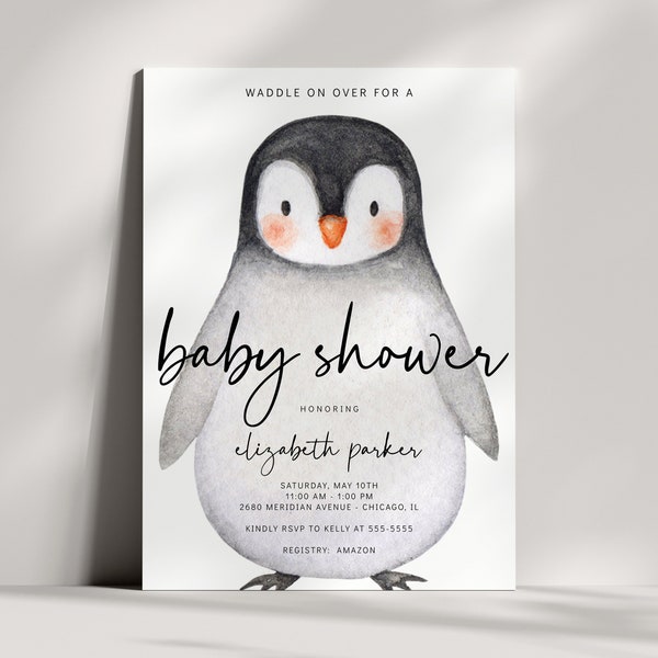 Penguin Baby Shower Invitation - Winter Baby Shower Invite - Minimalist, Black and White, Neutral, Digital, EDITABLE Template