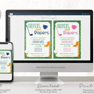 Puede incluir: Una invitaci&oacute;n imprimible para un baby shower con tem&aacute;tica de golf. La invitaci&oacute;n presenta un fondo de campo de golf verde con un palo de golf y una pelota. El texto de la invitaci&oacute;n dice "Drivers and Diapers" e incluye el nombre "Jordan Davis" y la fecha y hora del evento.