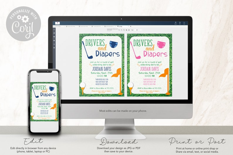 Puede incluir: Una invitaci&oacute;n imprimible para un baby shower con tem&aacute;tica de golf. La invitaci&oacute;n presenta un fondo de campo de golf verde con un palo de golf y una pelota. El texto de la invitaci&oacute;n dice "Drivers and Diapers" e incluye el nombre "Jordan Davis" y la fecha y hora del evento.