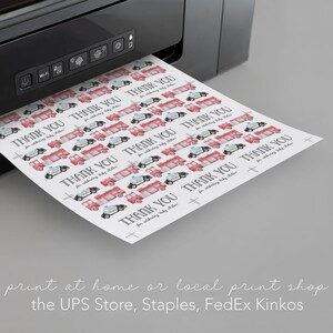 May include: A sheet of printable thank you cards with a repeating pattern of red and black fire trucks and police cars. The text on the cards reads "Thank You for celebrating baby [name]"