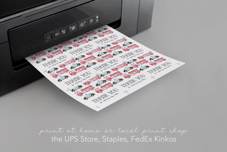 May include: A sheet of printable thank you cards with a repeating pattern of red and black fire trucks and police cars. The text on the cards reads "Thank You for celebrating baby [name]"