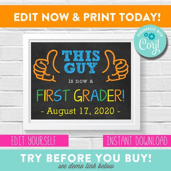 First Day of School with DATE - Back to School Sign Poster - This Guy - Boy - 8.5 x 11 - YOU EDIT - Font, Color, Text Il_570xn