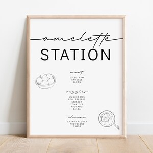 May include: A black and white printable sign that says "omelette station" with a list of ingredients for an omelette bar. The ingredients include meat, veggies, and cheese.