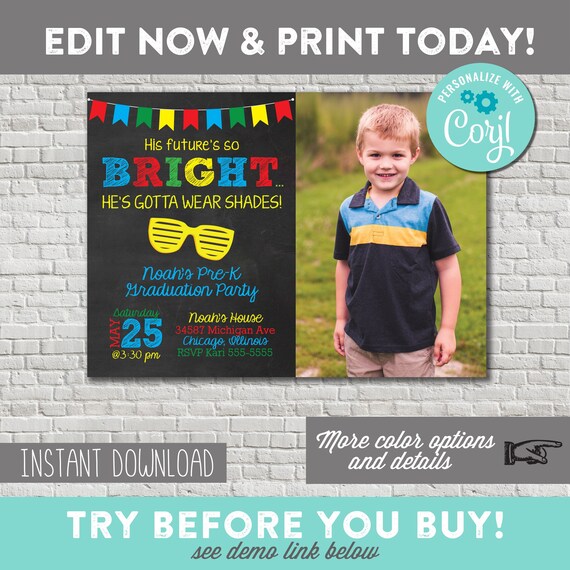 Preschool Graduation Party Invitation - Kindergarten Graduation - Future is so Bright - Shades - Rainbow - Instant Download - EDIT YOURSELF Il_570xn