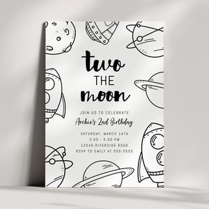 Two the Moon Invitation 2nd Birthday Party Outer Space Rocket Ship Minimalist 2 the Moon Invite EDITABLE DIY image 1