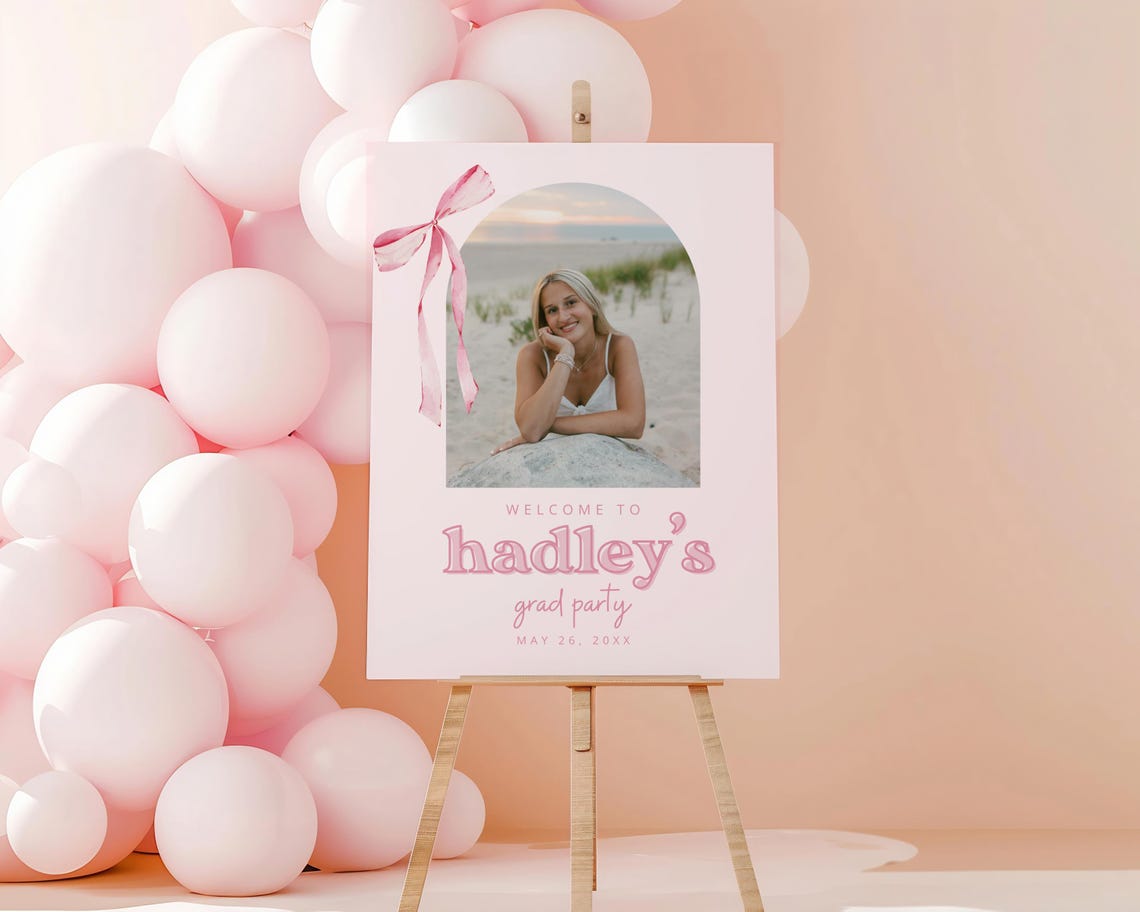 Pink Sign Grad Example Pink Bow Graduation Welcome Sign, Canva Template, Editable Grad Party ...