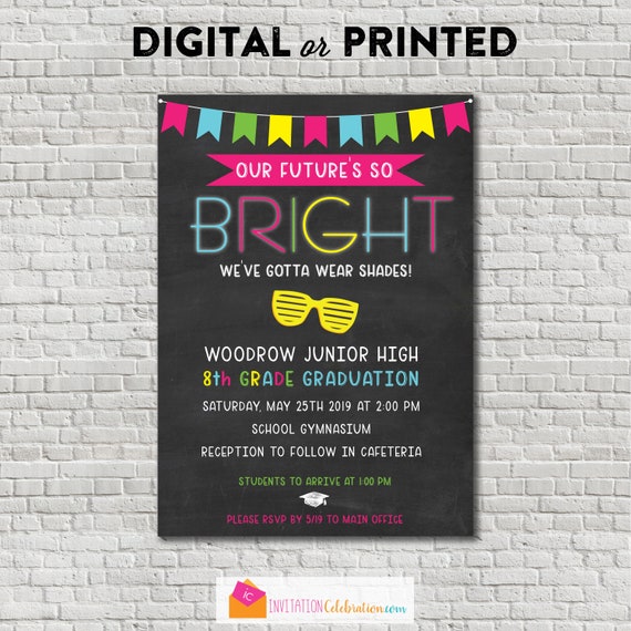 Neon Middle School Graduation Invitation - Junior High Graduation Invitation - Glow in the Dark - Future is so Bright - Classroom Invitation Il_570xn