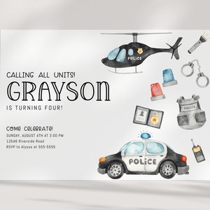 Police Party Invitation - Police Car Birthday Invite, Calling All Units, Cop, Patrol Car, Policeman Party - Watercolor - EDITABLE - DIY