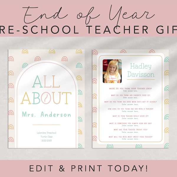 End of Year Preschool Teacher Gift - All About My Teacher Questionnaire Printable - Kindergarten - EDITABLE TEMPLATE