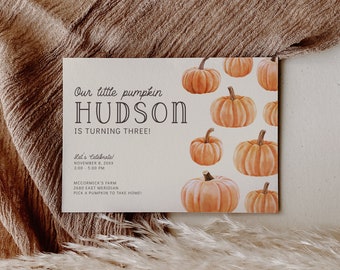 Little Pumpkin Birthday Invitation - Kids Birthday - October Fall Birthday, Pumpkin Patch Party Invite, Printable - Editable Template