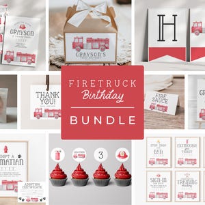 May include: A fire truck themed birthday party bundle featuring printed stationery, favor tags, cupcake toppers, and signage. The collection includes illustrations of red fire trucks, fire helmets, and fire extinguishers with text such as Grayson's Third Birthday, Thank You, and Adopt a Dalmatian.
