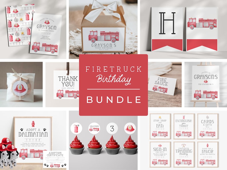 May include: A fire truck themed birthday party bundle featuring printed stationery, favor tags, cupcake toppers, and signage. The collection includes illustrations of red fire trucks, fire helmets, and fire extinguishers with text such as Grayson's Third Birthday, Thank You, and Adopt a Dalmatian.