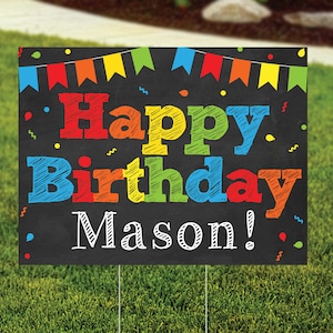 Happy Birthday Yard Sign.  Colorful with black ground and rainbow colors of red, orange, yellow, blue and green bunting, confetti and fun block lettering of birthday boy's name.
