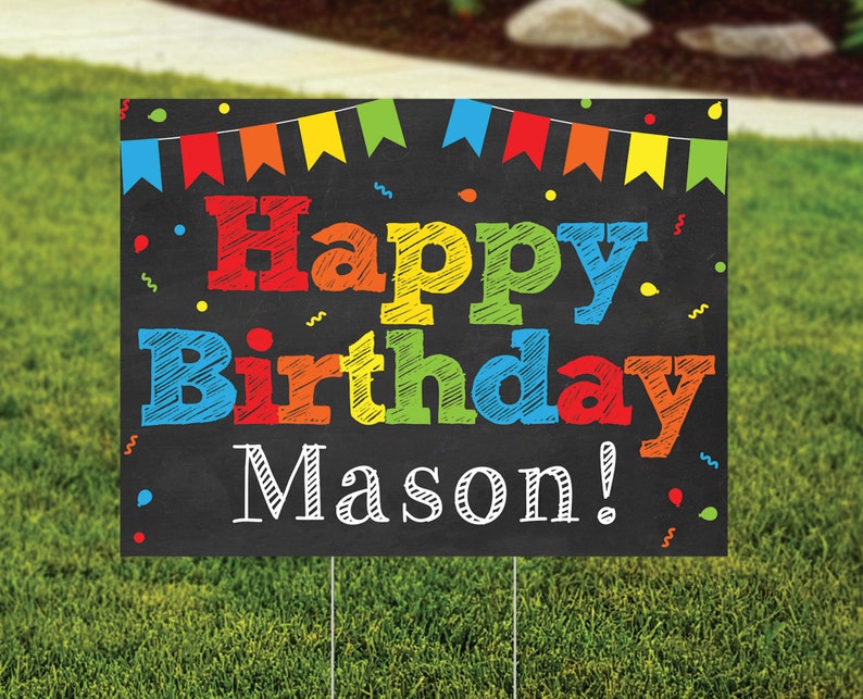 Happy Birthday Yard Sign.  Colorful with black ground and rainbow colors of red, orange, yellow, blue and green bunting, confetti and fun block lettering of birthday boy's name.